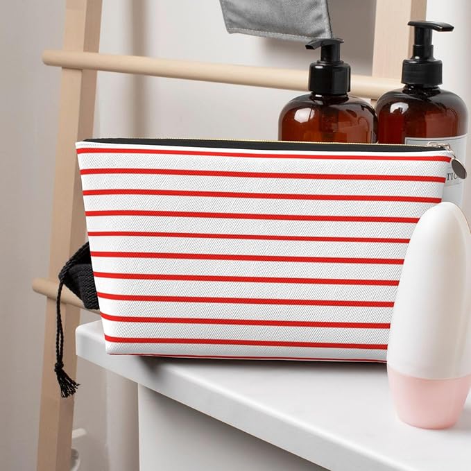 Womens Leather Makeup Bag Cosmetic Bag Travel Toiletry Bags Make Up Bags for Women Adult (White Red Line 2)