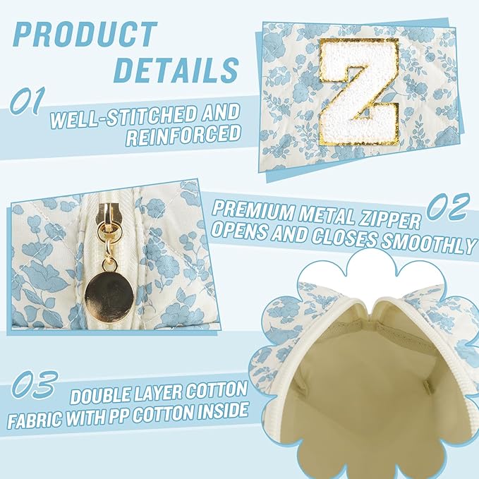 Personalized Quilted Cosmetic Bag, Puffy Monogrammed Christmas Birthday Gifts for Women & Girls, Cute initial Floral Makeup Bag Puffer Coquette Bag, Aesthetic Travel Toiletry Zipper Pouch(Blue,Z)