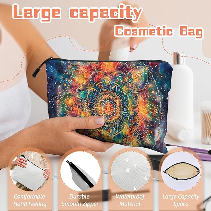 Cosmetic Bags Travel Makeup Toilet Case Waterproof Pouch for Women Girls 6.7X9.45inches - Vivid Celestial - Hued Mandala