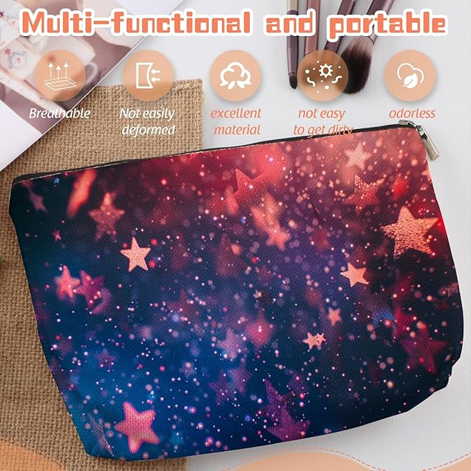 Makeup Bag Travel Cosmetic Bags Small Makeup Case Waterproof Zipper Pouch for Women Girls 7X9inches - Stars in A Blurred Galaxy of Reds And Blues