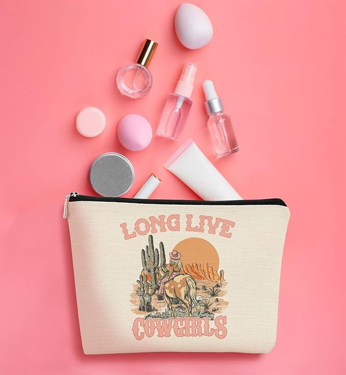Long Live Cowgirls Makeup Bag,Retro Western Cowgirl Riding Horse Cactus Desert Cosmetic Bag Best Birthday Christmas Gift Idea for Cowgirls Teen Girls Women,Cowgirl Gifts for Girls