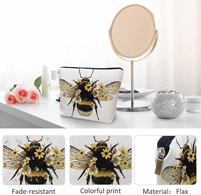 Women Makeup Organizer Bag Bumblebee Bumblebee Honey Bee Sunflowers Yellow Flax Cosmetic Bag Makeup Bags Toiletry Bag Accessories Organizer Travel Bags For Home Bathroom Office Hotel Gym