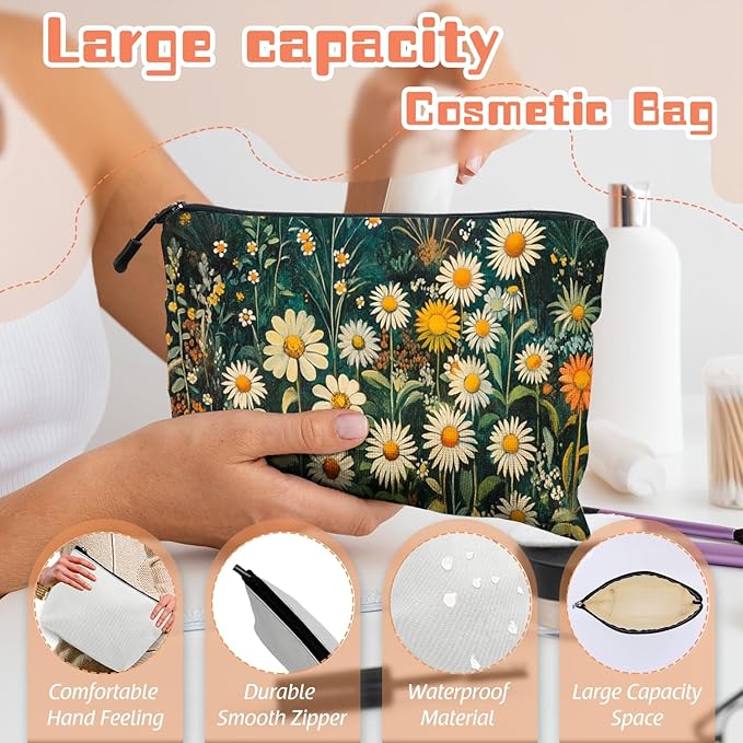 Cosmetic Bags Travel Makeup Toilet Case Waterproof Pouch for Women Girls 6.7X9.45inches - White Daisies And Yellow Marigolds in Wild