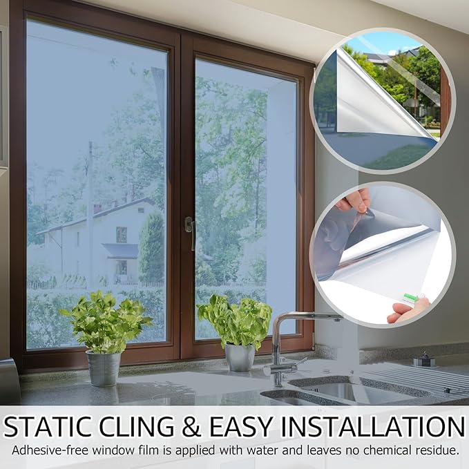 HIDBEA One Way Mirror Window Film,Daytime Privacy Sun Blocking Reflective Window Film Static Cling Heat Control Window Tinting Film for Home and Office, Blue Silver, 17.5 x 78.7 Inch
