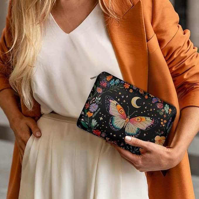 COEQINE Gothic Cosmetic Purses Leather Case for Women Trendy Butterfly Moon Goth Cosmetic Bags for Women Travel Black Floral Makeup Organizer Pouch With Zipper