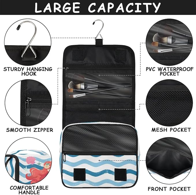 Cute Mermaid Travel Toiletry Bag with Hanging Hook for Women and Girls, Ocean Sea Starfish Cosmetic Makeup Case Organizer for Accessories, Shampoo, Full Sized Container, Toiletries
