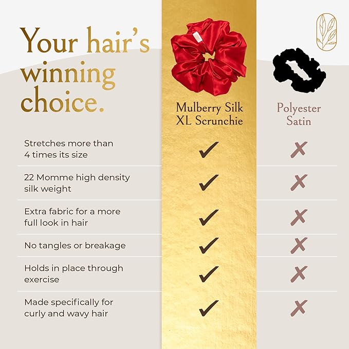 Silk Scrunchies Ponytail Holders – Oversized Mulberry Silk Scrunchies – Extra Large No Damage Hair Ties for Curly, Thick, and Thin - Hair Accessories for Women – Poppy Razzi Red, XL By Curlfriend