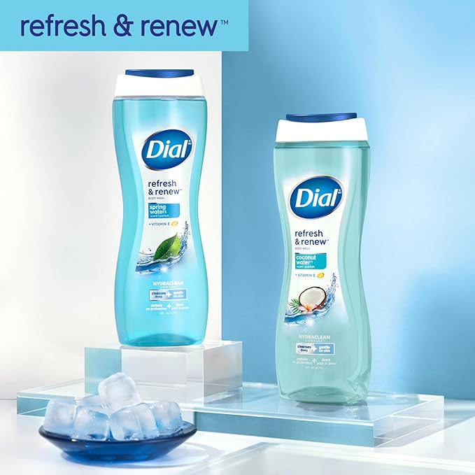 Dial Body Wash, Refresh & Renew Spring Water, 16 Fl Oz (Pack of 4), Hydraclean Complex & Vitamin E, Gentle, Leaves Skin Feeling Nourished, Dermatologist-Tested, No Parabens & Sulfates