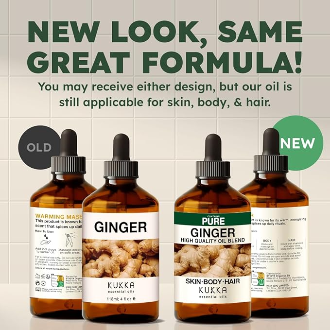 KUKKA Ginger Essential Oils - 4 Fl Oz - for Hair, Skin, Diffuser, Aromatherapy & DIY Soap Making Scent