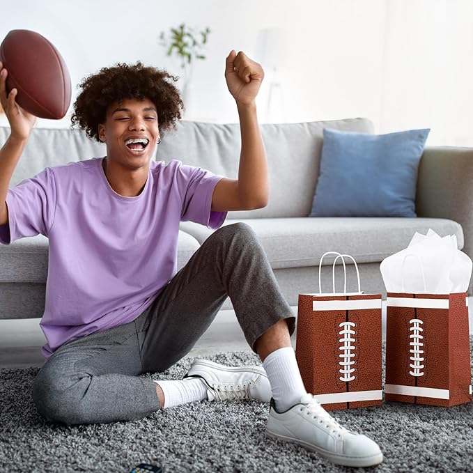 durony 16 Pieces Football Gift Bags with Handles Football Party Favor Bags Paper Treat Bags Football Goodie Bags Candy Snack Bags Football Theme Party Decorations for Birthday Party Supplies