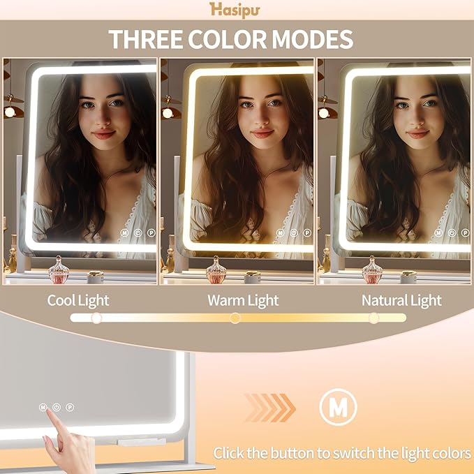 Hasipu Vanity Mirror with Lights, 35.4" x 23.6" LED Makeup Mirror, Light up Mirror with 10X Magnification and Phone Holder, USB Charging Port, Smart Touch 3 Colors Dimmable (White)