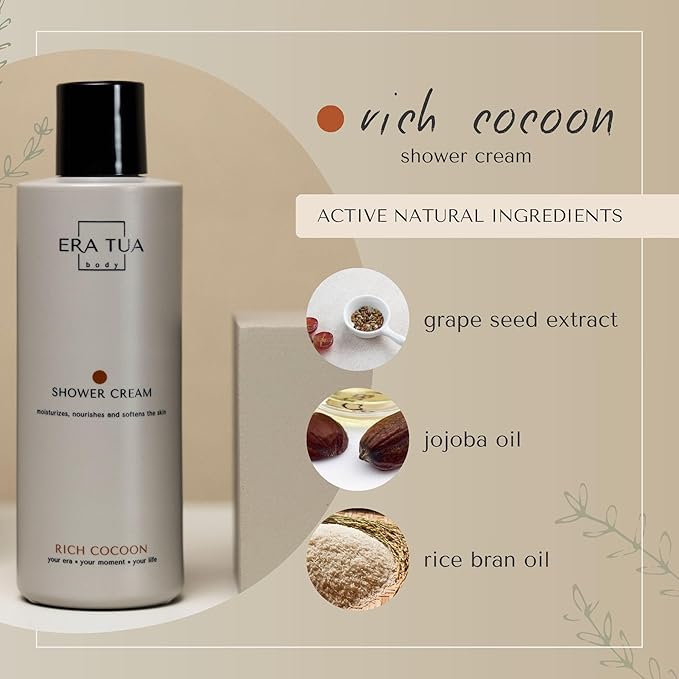 Rich Cocoon Shower Cream | Dutch Made & Formulated Moisturizing Body Wash for All Skin Types | Cozy Scent of Warm Wood, White Amber & Jasmine 200 ML