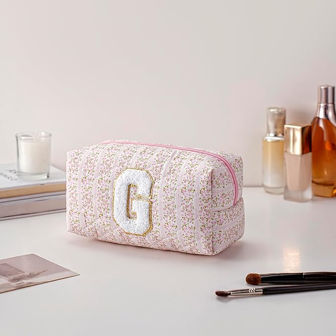 JOVAKIT Makeup Bag Cosmetic Bags for Women, Christmas Gifts for Girls Age 6-18, Alphabet Pink Floral Coquette Zipper Travel Makeup Pouch, Organizer Case Trendy Stuff (Pink+ Blue G)