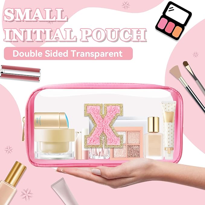 Small Clear Personalized Initial Makeup Bag, Preppy A-Z Chenille Letter Patch Cosmetic Bag, Cute Transparent Nylon Waterproof Zipper Beach Varsity Letter Pouch, Gift for Women Girls(Pink-Pink X)