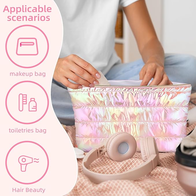 Hiroyuki Iridescent Quilted Makeup Bag, 3pcs Cute Makeup Bag Set, Large Capacity Cosmetic Organizer Travel Toiletry Pouch (plain, pink)