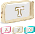 Personalized Initial Letter Clear Makeup Bag,Preppy Small Nylon&PVC Cosmetic Zipper Bag with Chenille Letter,Portable Beach Travel Skincare Toiletry Bag,Trendy Monogram Gift for Teen Girls Women,T