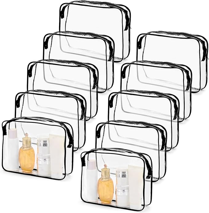 Tbestmax 10 Pack Clear Cosmetic Bags Makeup Bags Portable Waterproof TSA Approved Travel Toiletry Bags Large Organizer Black, 9.8" x 7.1" x 2.4"