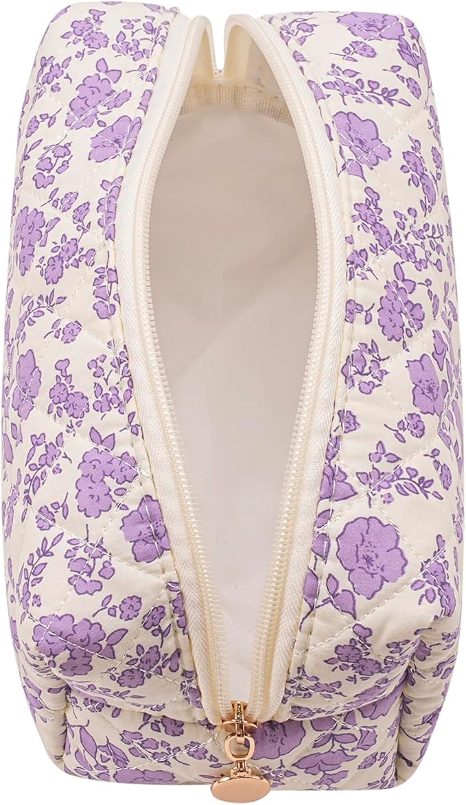 JOVAKIT Square Makeup Bag Cute Cosmetic Bag for Women, Floral Coquette Aesthetic Toiletry Bag, Zipper Make Up Pouch, Travel Make Up Organizer Bag (Blue+Big Purple Floral)
