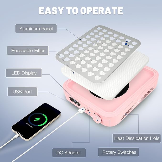 Rechargeable Cordless Nail Dust Collector: Powerful Quiet Nail Fan Vacuum Dust Collector with 2 Filters 1 Brush, Nail Vent Dust Extractor Cleaner for Acrylic Gel Nail Polishing Nail Tech Use, Pink
