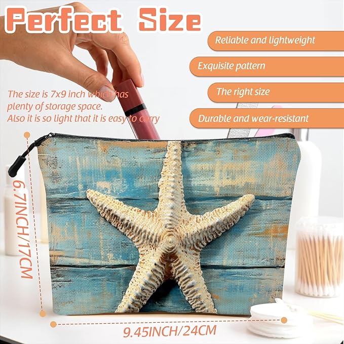 Cosmetic Bags Travel Makeup Toilet Case Waterproof Pouch for Women Girls 6.7X9.45inches - Starfish on A Weathered Blue Wooden Board