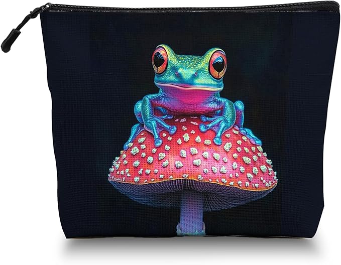 Cosmetic Bags Travel Makeup Toilet Case Waterproof Pouch for Women Girls 6.7X9.45inches - Colorful Frog on A Red Mushroom