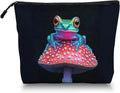 Cosmetic Bags Travel Makeup Toilet Case Waterproof Pouch for Women Girls 6.7X9.45inches - Colorful Frog on A Red Mushroom