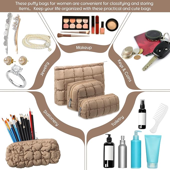 3 Pcs Puffy Makeup Bag Quilted Cosmetic Pouch for Women Cute Checkered Travel Toiletry Bag Puffer Makeup Organizer Purse Pouch Preppy Pencil Case with Zipper (Brown)