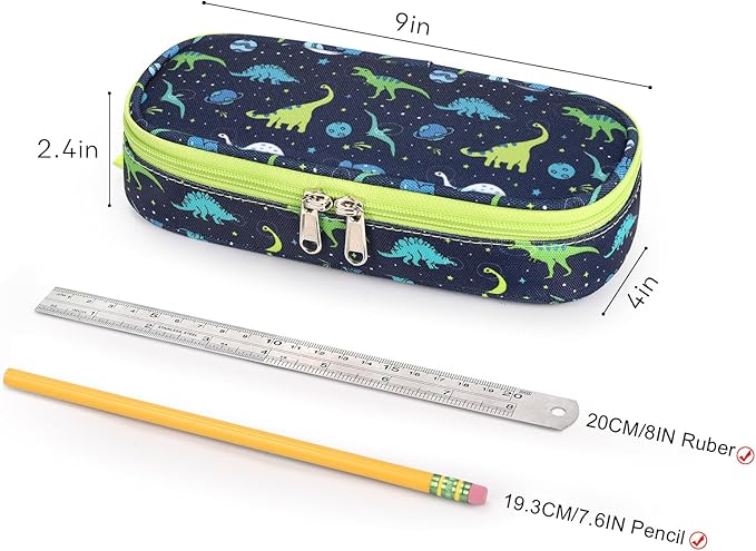 mibasies Boys Pencil Case for Kids, Multi-Slot Pencil Pouch, Galaxy Dinosaur Blue