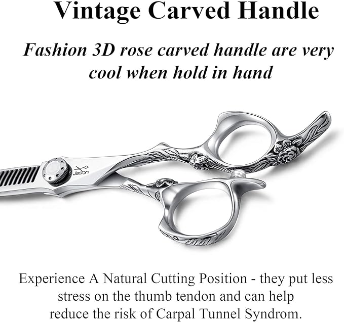 JASON 6" Thinning Hair Scissors 30-Tooth Scissor Barber Hair Cutting Scissor Stylist Salon Trimming Shears with Flower Engraved Offset Handle for Women Men