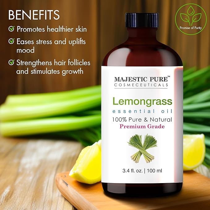 Majestic Pure Lemongrass Essential Oil with Glass Dropper - 3.4 Fl Oz - 100% Pure and Natural Lemongrass Oil - Premium Grade Essential Oils for Diffuser, Aromatherapy, Soap and Candle Making