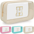 Personalized Initial Clear Makeup Bag, Travel Chenille Patch Cosmetic Bag, Preppy Toiletry Bag Monogram Cosmetic Pouch with Zipper, Ideal Gift for Teen Girls Women (Clear-Beige, H)