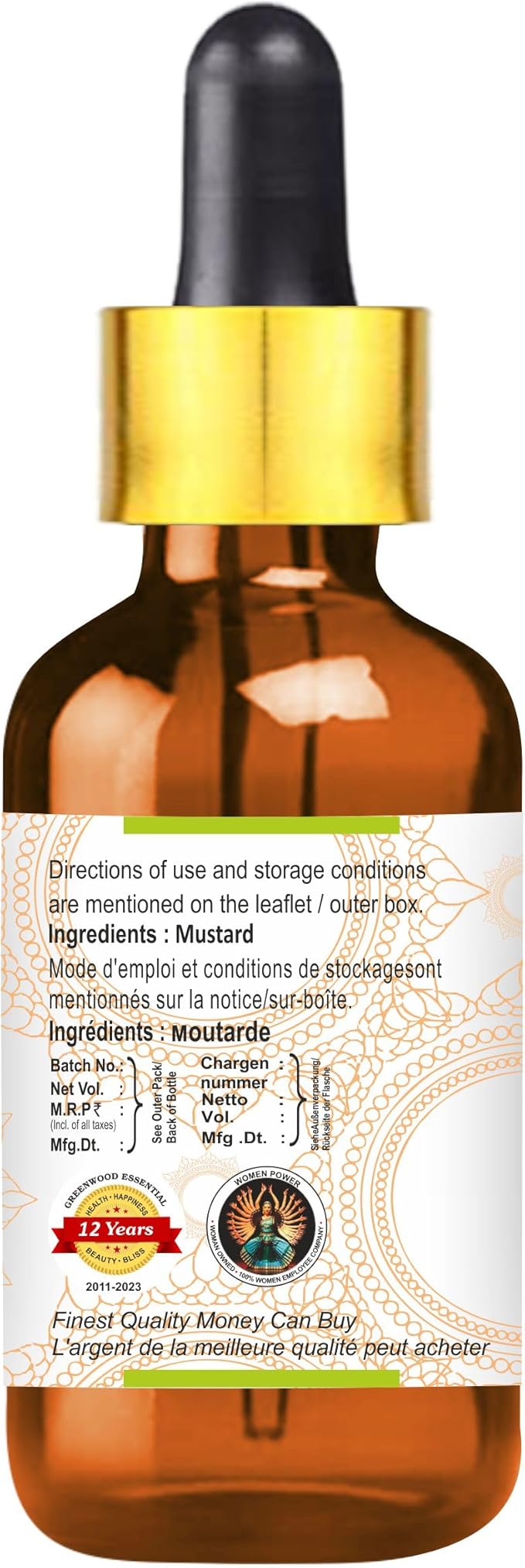 Greenwood Essential Mustard Oil (Brassica juncea) with Glass Dropper | Cold Pressed | Natural | Undiluted | For Diluting Essential Oils | For Skin & Massage | Men & Women | 10ml (0.33 oz)