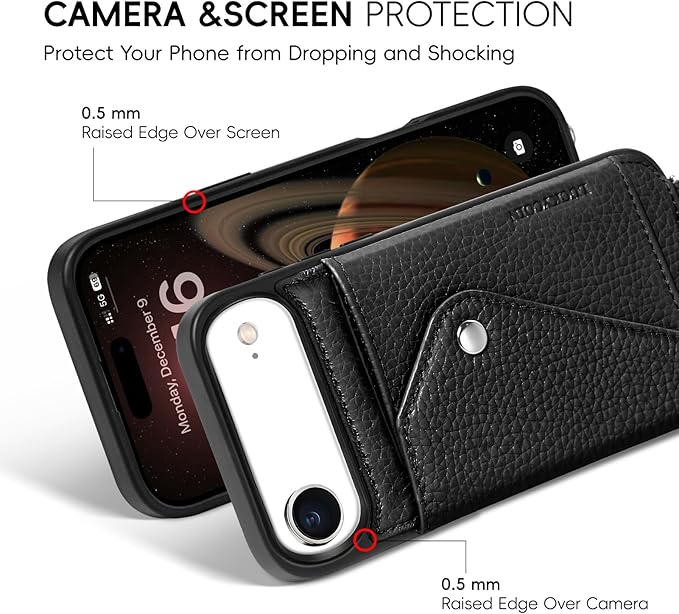 LUCKYCOIN Crossbody Wallet Phone Case for iPhone Air,100% Genuine Leather Wallet Phone Case with Expandable Flip Card Holder,Phone Purse for Women with Adjustable Removable Strap - Pebble Black
