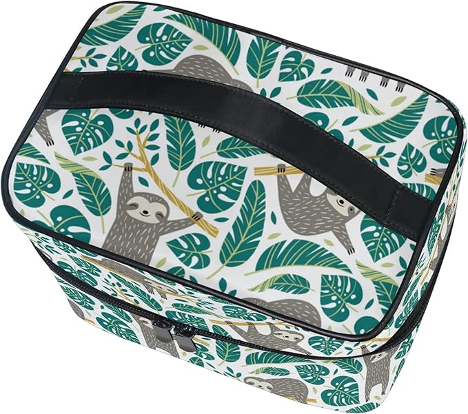 Makeup Bag, Cute Sloths And Tropical Palm Leaves Travel Makeup Organizer Bag Cosmetic Cases Toiletry Bags for Girl Women Ladies