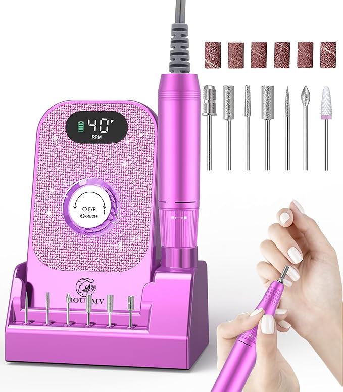 Portable Nail Drill Electric File: Professional Nail E File Machine 40000RPM for Acrylic Nails Remove Nail Gel Polish Manicure, Rechargeable Cordless Diamond Nail Drill with Bits & Base for Salon Home