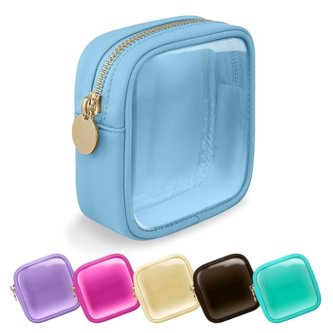Clear Mini Makeup Bag for Purse, Small Nylon&PVC Cosmetic Travel Bag TSA Approved Toiletry Bag with Zipper, Preppy Transparent Makeup Travel Bag Coin Purse for Women Men Girls(Mini-Blue)