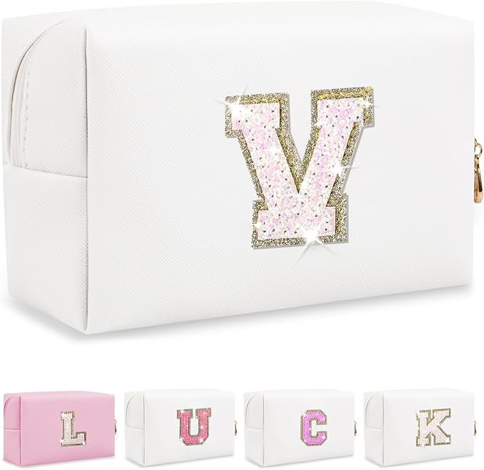 Personalized Initial Patch Makeup Bag, Preppy Glitter Letter Makeup Organizer, Cute Monogrammed Pouch Cosmetic Bag PU Leather Waterproof Travel Toiletry Bag, Gift for Women Teen Girls(Letter V)