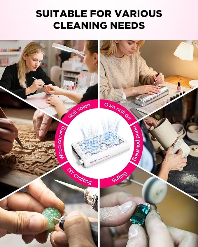 Nail Dust Collector, ECOSI 1600PA Professional Nail Dust Collector, 10-speed Adjustable Suction Nail Fan Dust Collector with Filter Papers (30 Pcs) for Manicure, Salon Nail Tech & Home (White)