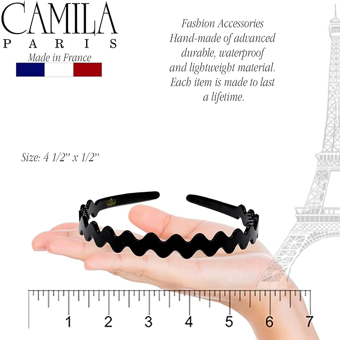 Camila Paris CP3295 French Headband for Women, Black, Strong Hold Grip Women's Hair Band, Ligth and Very Flexible, No Slip and Durable Styling Girls Hair Accessories, Made in France