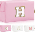 Iqimott Personalized Initial Letter Patch Makeup Bag, Preppy Portable Chenille Letter Cosmetic Bag with Zipper, PU Leather Waterproof Travel Toiletry Bag Monogram Make Up Pouch Girls(Letter H)