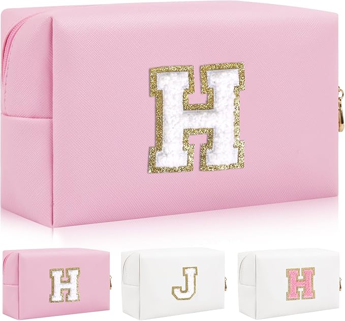 Iqimott Personalized Initial Letter Patch Makeup Bag, Preppy Portable Chenille Letter Cosmetic Bag with Zipper, PU Leather Waterproof Travel Toiletry Bag Monogram Make Up Pouch Girls(Letter H)