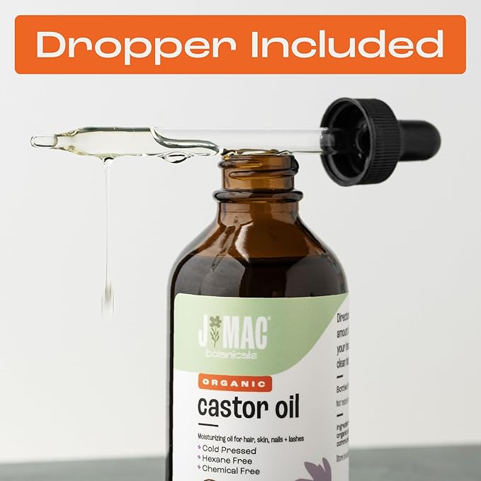 J MAC BOTANICALS Organic Castor Oil - Glass Bottle - 4 oz DROPPER