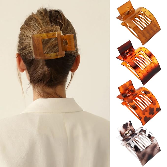Velscrun Flat Hair Clips for Women Girls, Amber Tortoise Color Lay Flat Claw Clips, Strong Hold Large Hair Clip for Thick Hair, French Duck Billed Hair Jaw Claw Clip, Non Slip Grip for Daily Styling