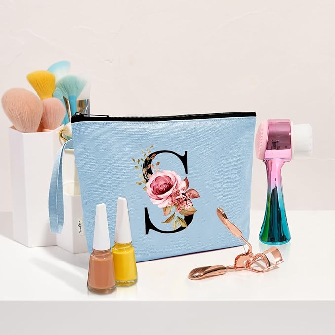 Vavabox A-Z Personalized Makeup Bag, Birthday Gifts for Women Mom, Gifts for Best Friend, Bride Bridesmaid Cosmetic bag (S, Blue)