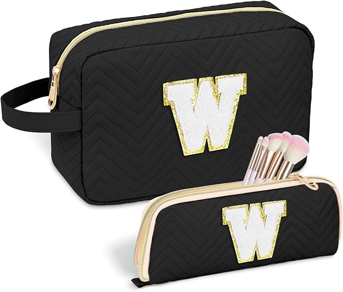Personalized Initial Makeup Bag Trendy Stuff Leather Waterproof Cosmetic Bag Travel Toiletry Bag, Christmas/Thanksgiving/Halloween Gifts Makeup Organizer Case for Women Girls Mom Girlfriend Wife