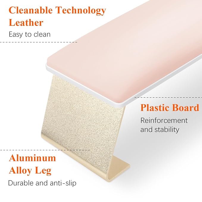 Erasable Arm Rest for Nails Tech, Luxury Nail Arm Rest Pink Manicure Hand Rest for Nails Tech with Non-Slip Aluminum Alloy Legs, Cleanable Technology Leather
