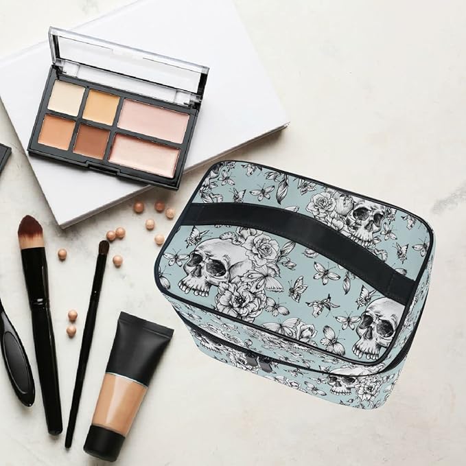 Skull Makeup Bag, Vintage Goth Skull Butterfly Makeup Organizer Bags Toiletry Bag Box Travel Cosmetic Bag Make Up Train Case for Women Teen Girl Ladies