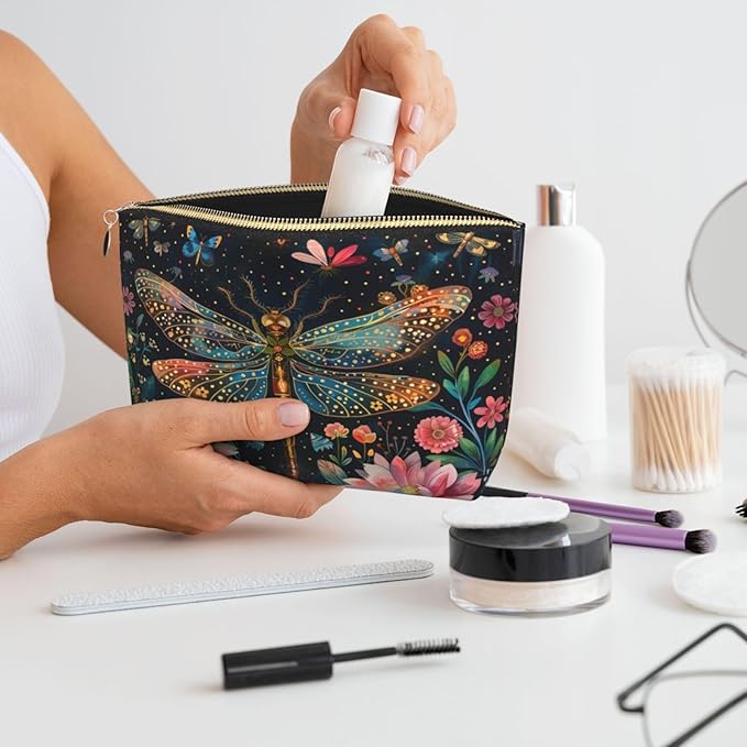 Womens Leather Makeup Bag Cosmetic Bag Travel Toiletry Bags Make Up Bags for Women Adult (Floral Dragonfly)