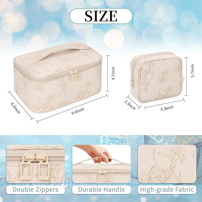 OCHEAL Makeup Bag Set, Portable Travel Makeup Bags Cosmetic Organizer Bag for Women Cute Floral Cosmetic Pouch Large Capacity Make up Bag PU Leather Toiletry Bags with Divider and Handle-Beige