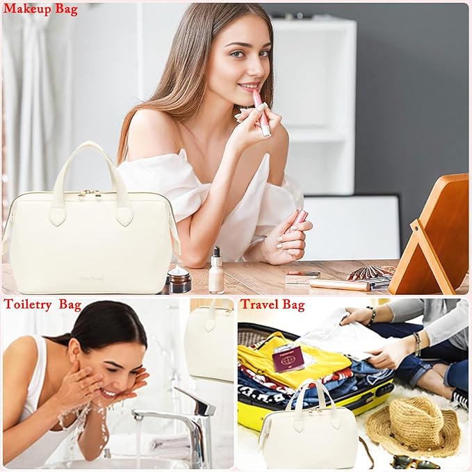 Travel Makeup Bag, Large Wide-open Cosmetic Bag Make Up Organizer Case for Women, Waterproof PU Leather Toiletry Bag Skincare Pouch for Toiletries Accessories Brushes